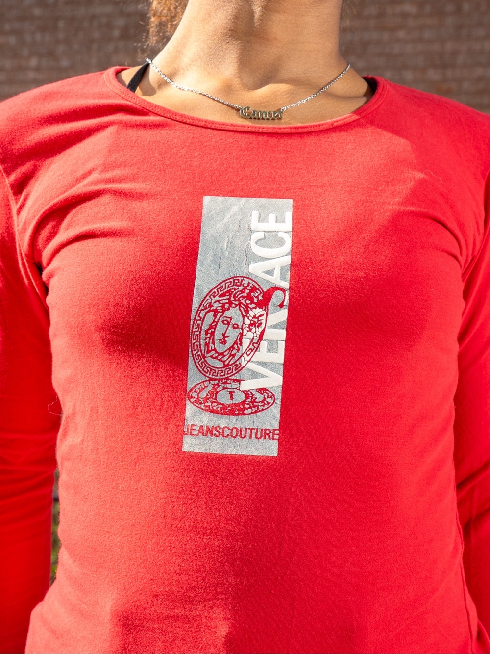 Versace Red Slim Long-Sleeve Tee with Center Graphic